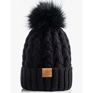 Page One Womens Cable Knit Beanie Black Faux Fur Pom Pom Winter Hat Cuffed New